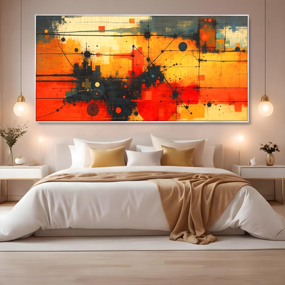 Tablou canvas cu tablou canvas cu compozitie abstracta geometrica, in rama de aluminiu argintiu, pe perete intr-un dormitor